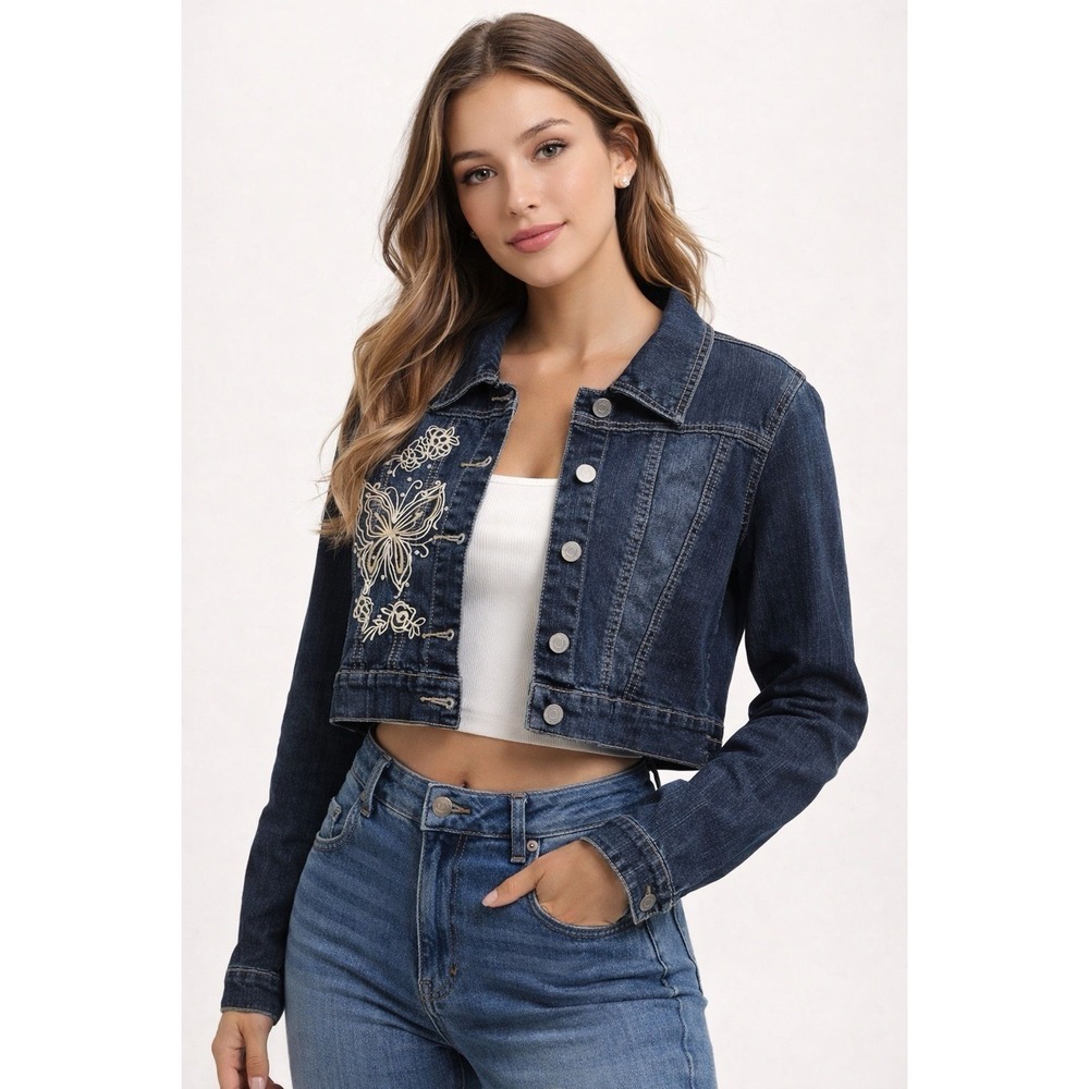 RVT Cropped Denim Jacket XXL Butterfly Embroidered‎ Y2K Stretch Boho